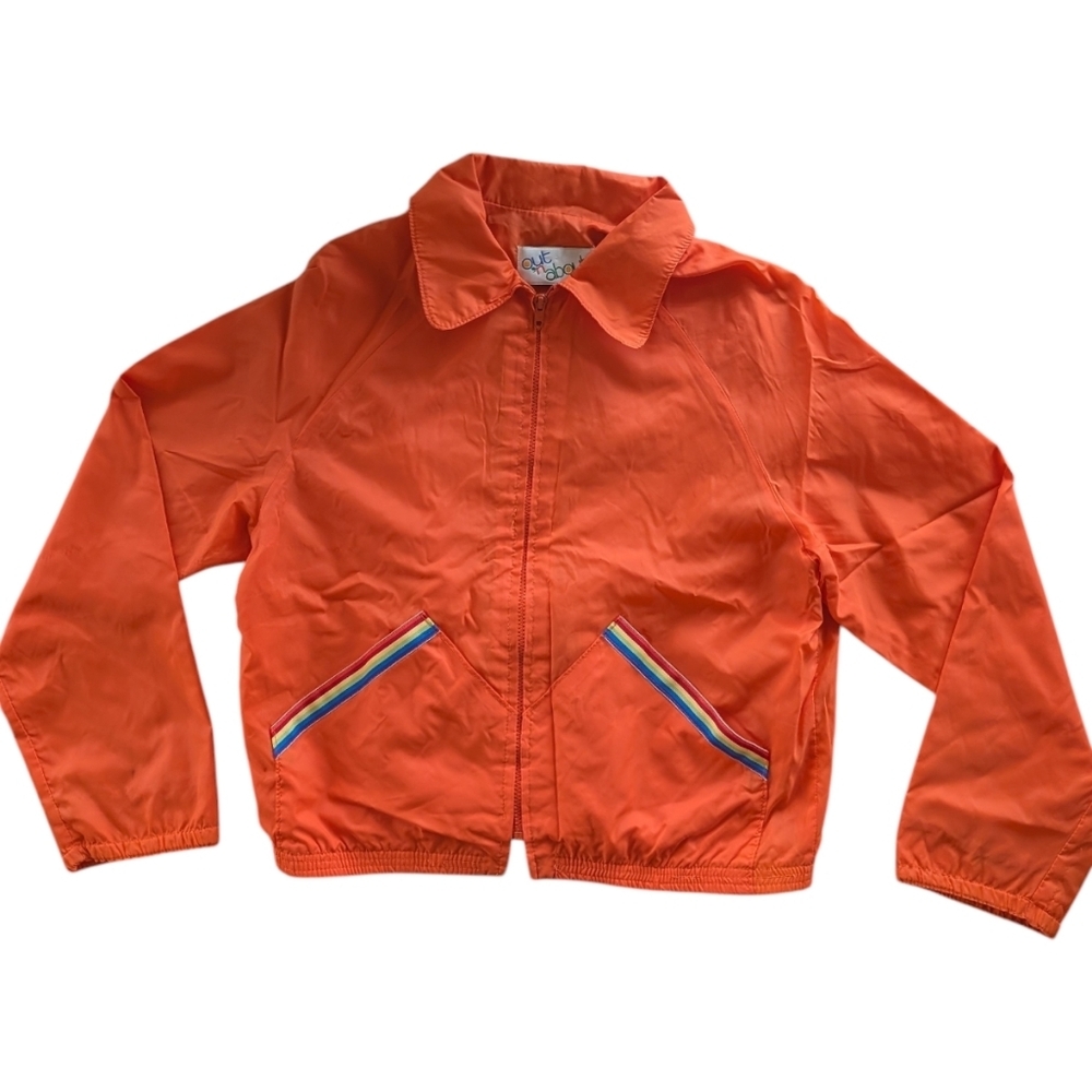 Vintage 70s Rainbow Trim Orange Windbreaker Jacket Retro Sporty Nylon Small